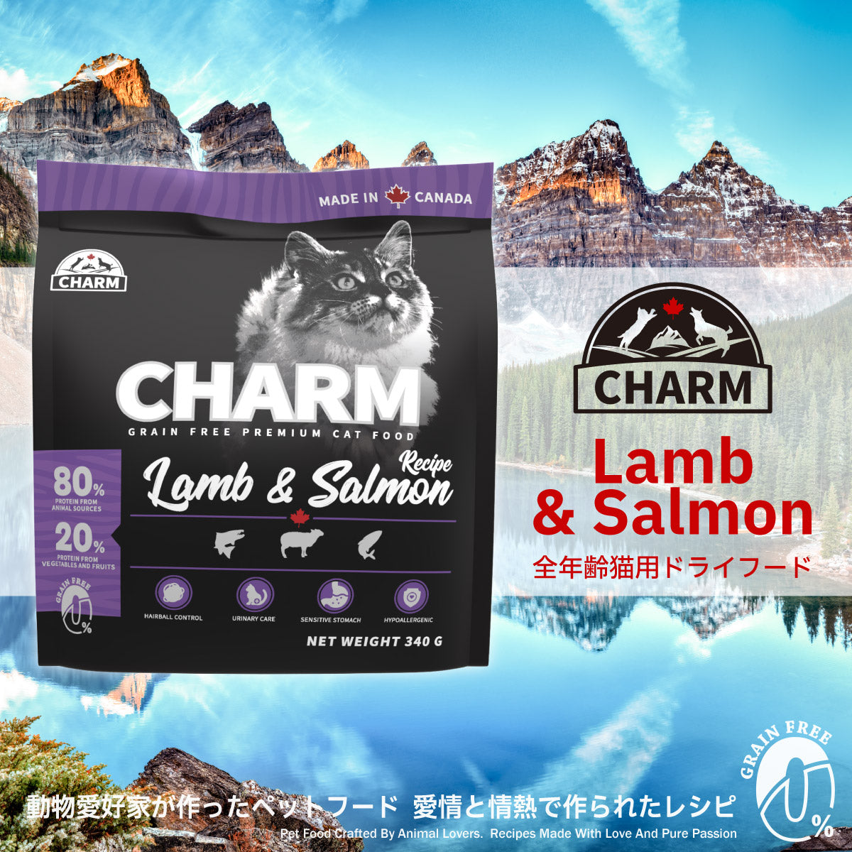 チャーム CHARM キャットフード ラム&サーモンキャット 全年齢用 穀物不使用 340g×36個セット
