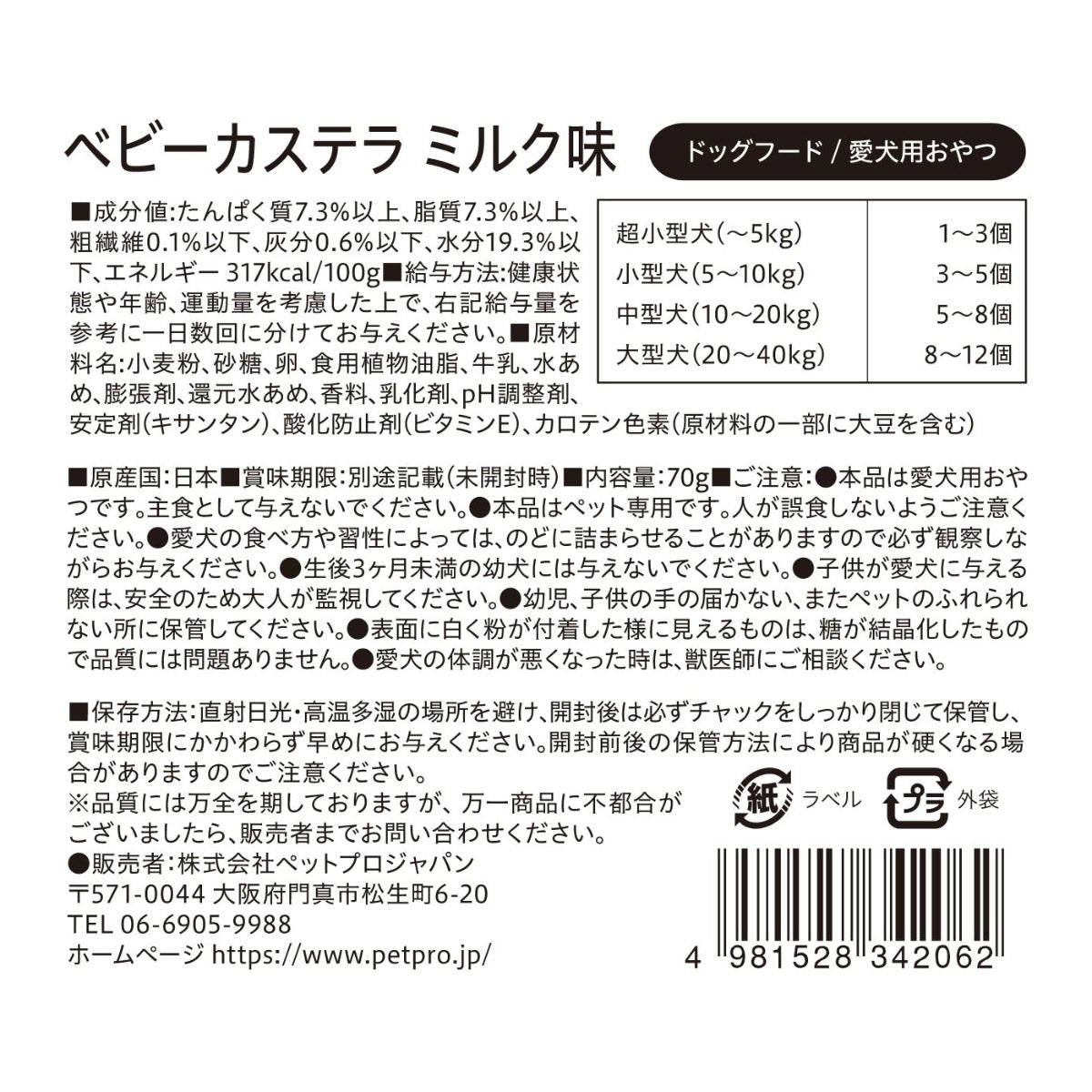 ペットプロ 犬用おやつ 国産おやつ ベビーカステラ ミルク味 70g