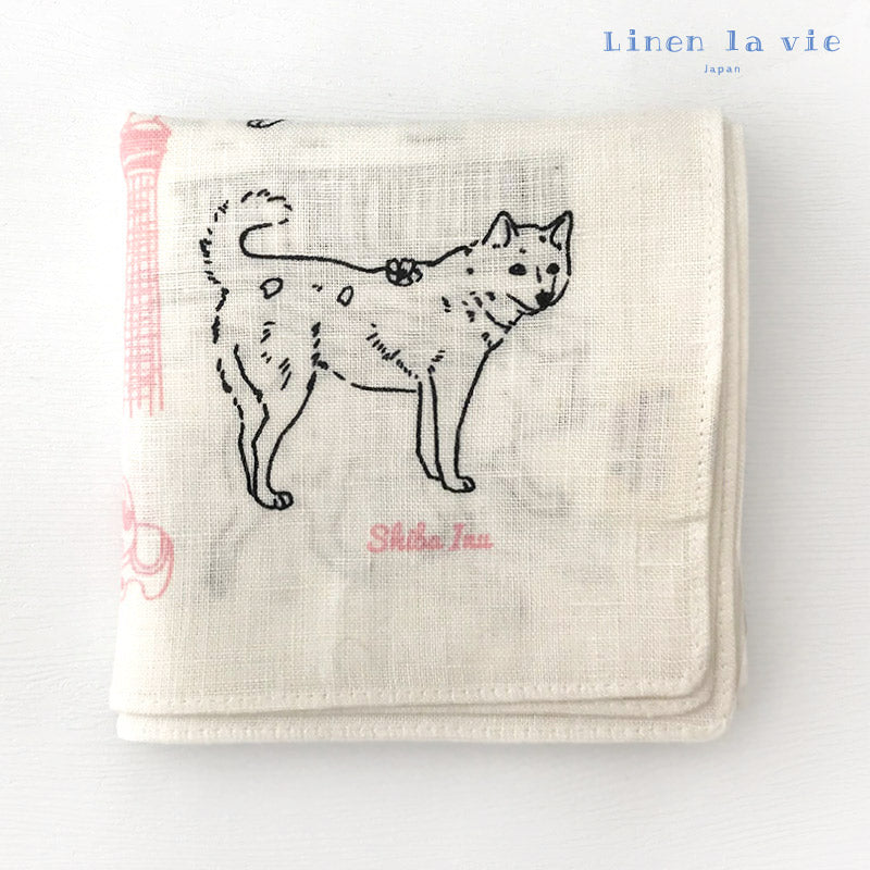 Linen la vie(リネン ラ・ヴィ) シバ犬(柴犬) ハンカチ ホワイト