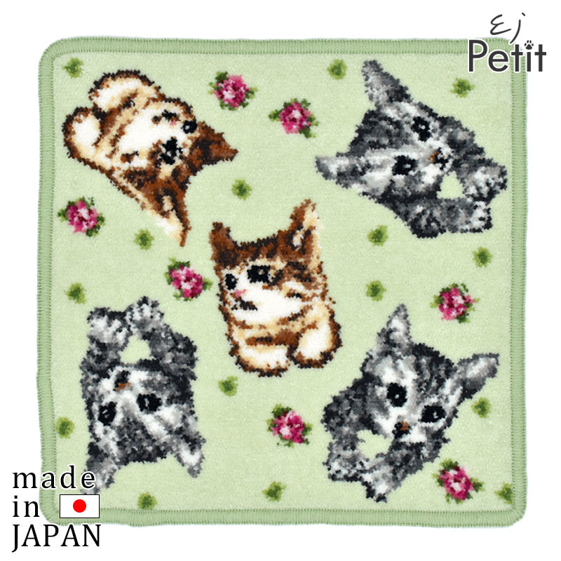 Enjeau(アーンジョー) 花ネコ 猫 ねこ柄 ハンカチ グリーン