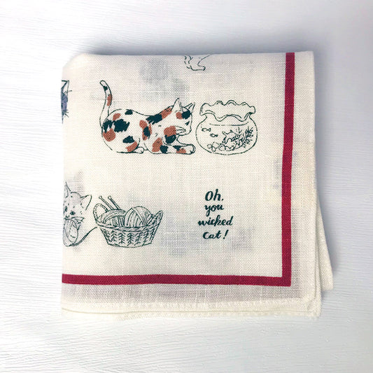 Linen la vie(リネン ラ・ヴィ) 猫柄 ウィキッドシリーズ ネコ ねこ柄 ハンカチ ホワイト