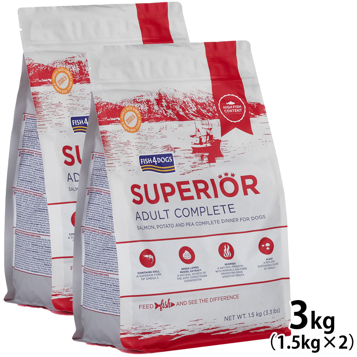 フィッシュ4ドッグ FISH 4 DOGS スーペリア アダルト 3kg(1.5kg×2)【送料無料】 無添加 ドッグフード 成犬用 グレインフリー 穀物不使用 魚