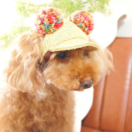 犬の帽子 麦わらポンポンくま耳キャップ