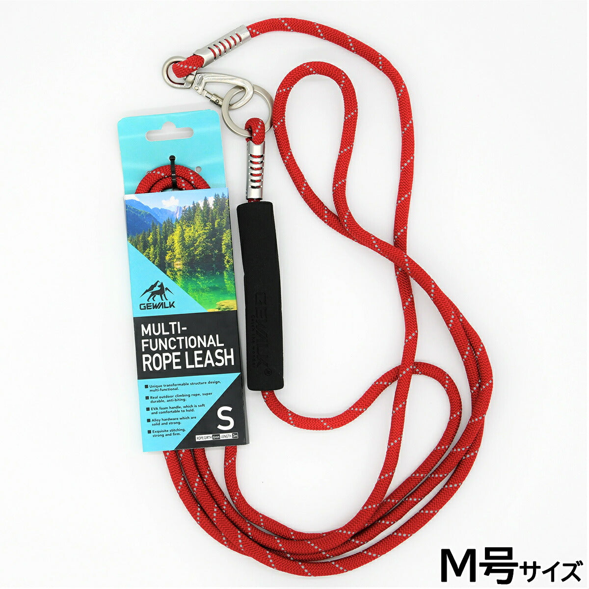 ジウォーク GEWALK マルチファンクショナルロープリーシュ 3m リード M号 レッド