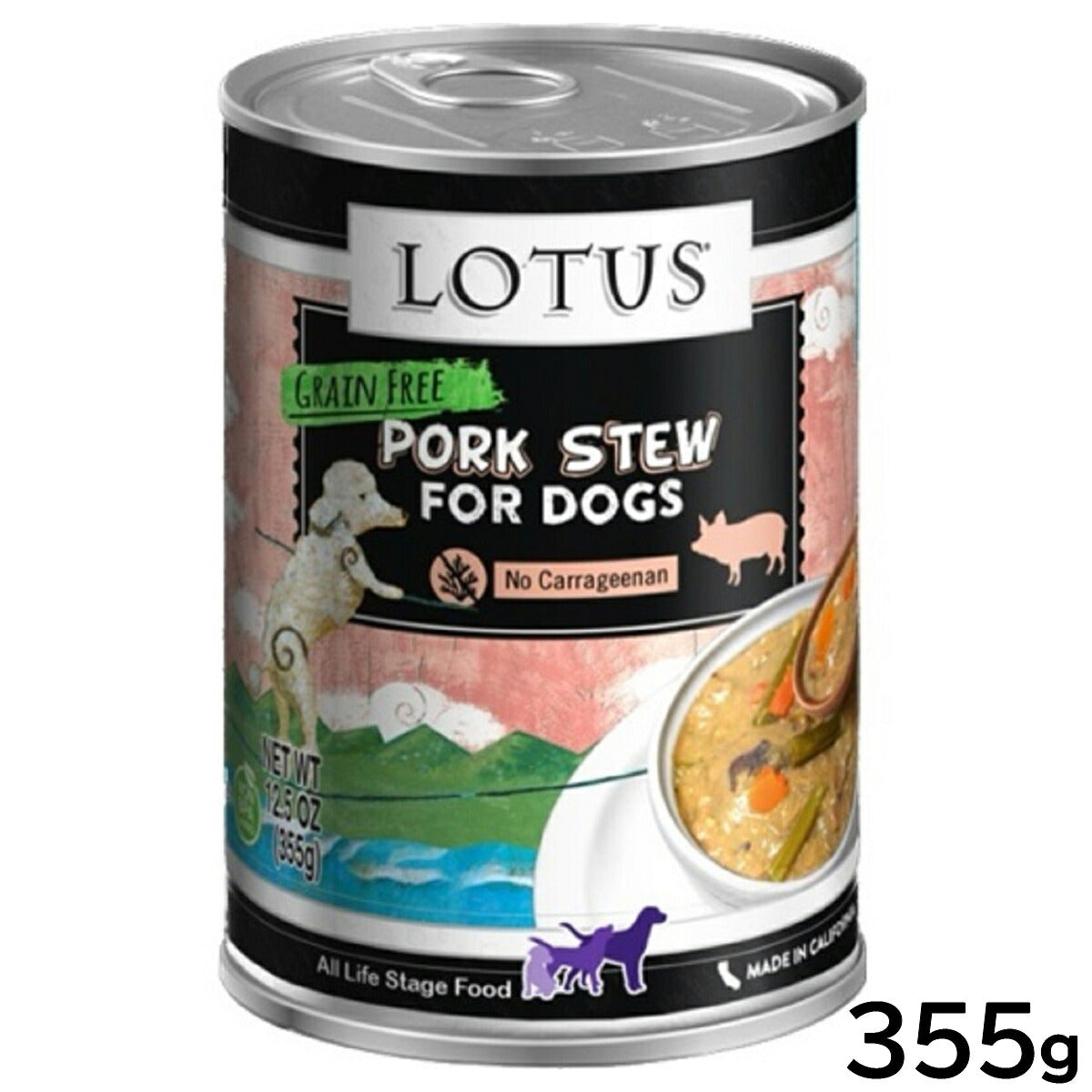 ロータス ドッグフード グレインフリー 無水調理ウェットフード ポーク シチュー 355g 無添加 缶詰
