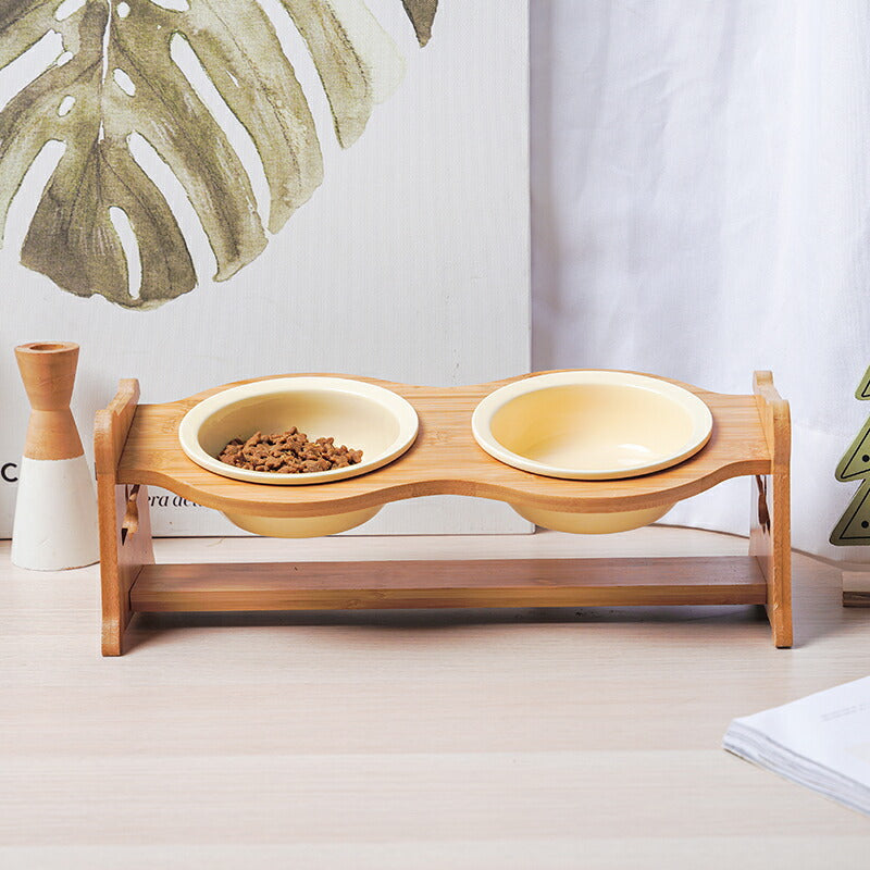 Petifam ペティファーム 陶器製バンブースタンド付きダブルボウル イエロー【送料無料】