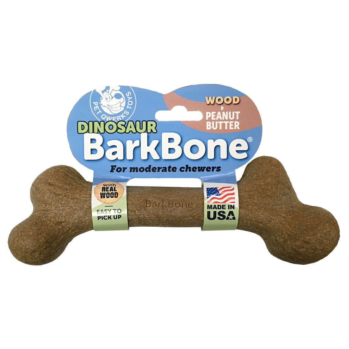 ペットクォークス PET QWERKS ダイナソー ウッドバークボーン M 犬 おもちゃ 骨型 噛む デンタルトイ お掃除簡単 ピーナッツバターの香り 天然木チップ 大型犬