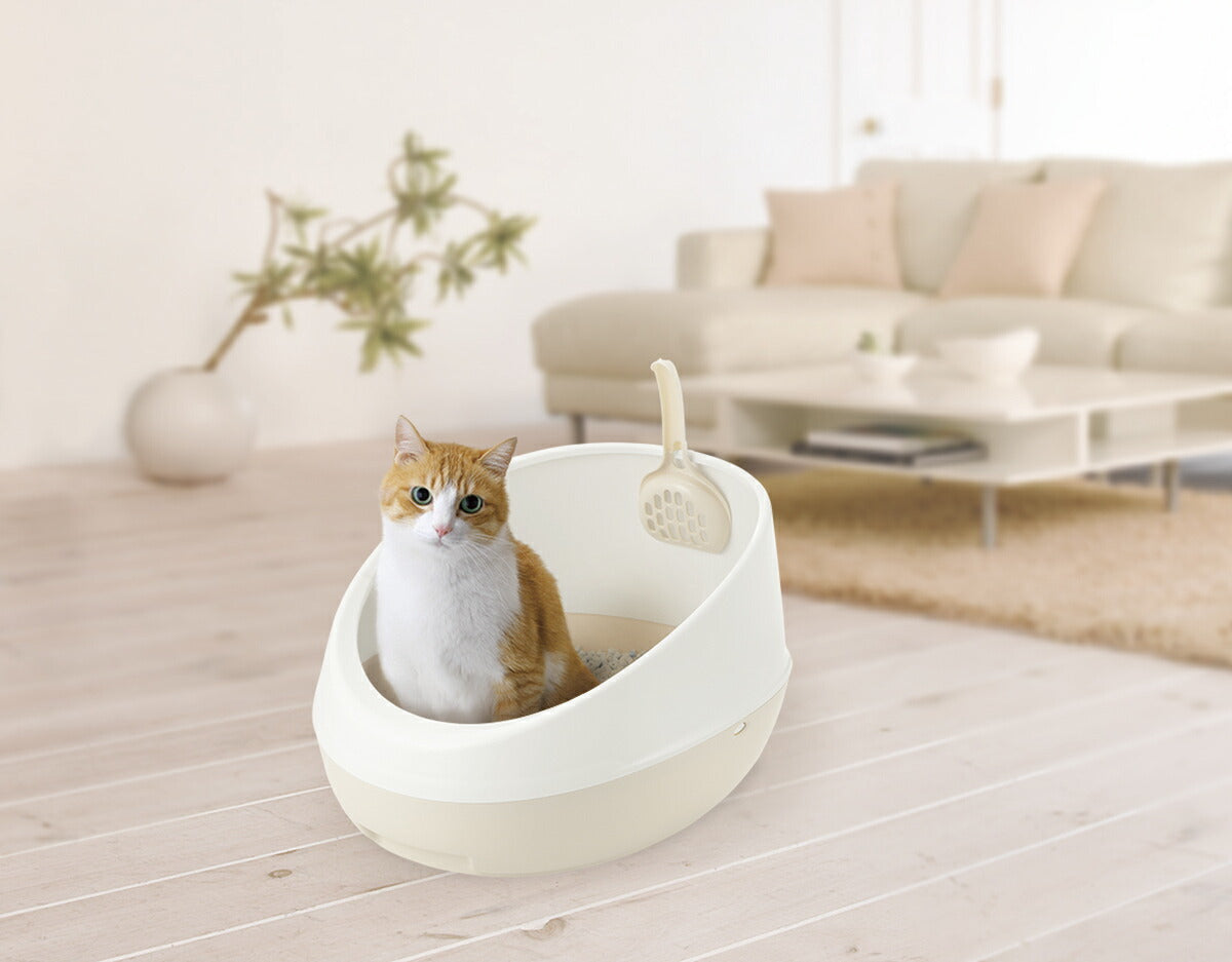 リッチェル Richell ラプレ ネコトイレ ハーフカバー ホワイト 猫 トイレ本体 固まる猫砂用 水洗い可 飛び散らない スコップ付き