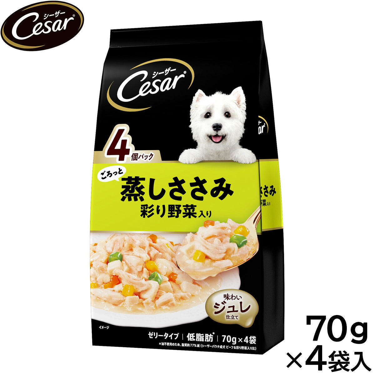 シーザー ドッグフード パウチ 成犬用 ごろっと蒸しささみ 彩り野菜入り 70g×4袋 缶詰
