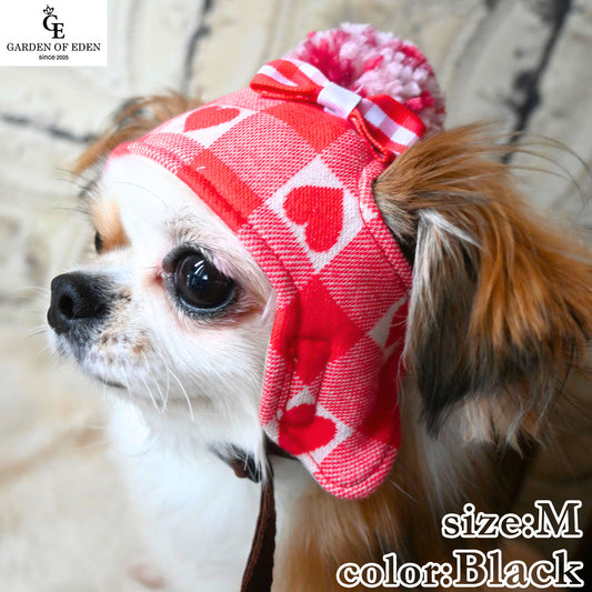 犬の帽子 ガーデンオブエデン ハートチェックニット帽 M ブラック