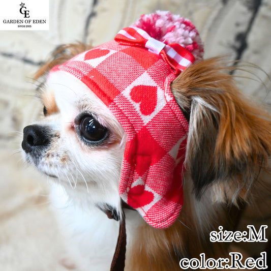 犬の帽子 ガーデンオブエデン ハートチェックニット帽 M レッド