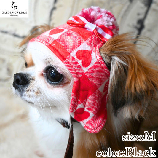 犬の帽子 ガーデンオブエデン ハートチェックニット帽 S ブラック