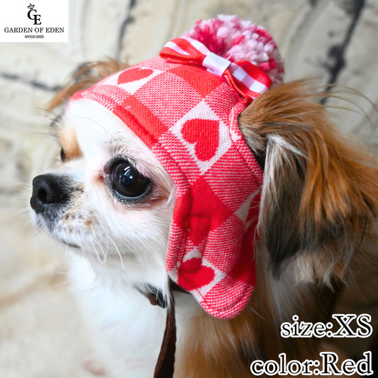 犬の帽子 ガーデンオブエデン ハートチェックニット帽 XS レッド