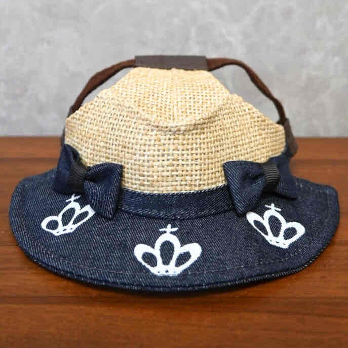 犬の帽子 ガーデンオブエデン デニムストローハット M リボン付き