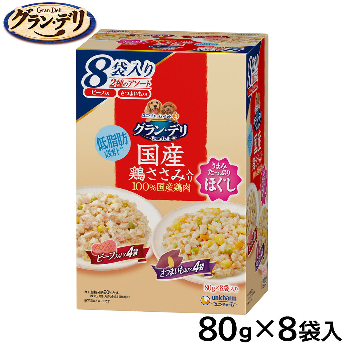 ユニ・チャーム グラン・デリ ドッグフード 国産鶏ささみパウチ ほぐし 成犬用 ビーフ入り＆さつまいも入り 80g×8袋