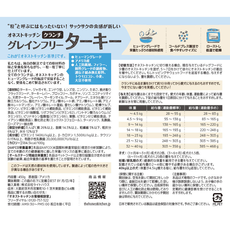 オネストキッチン HONEST KITCHEN ドッグフード クランチ グレインフリー ターキー 450g×6個セット