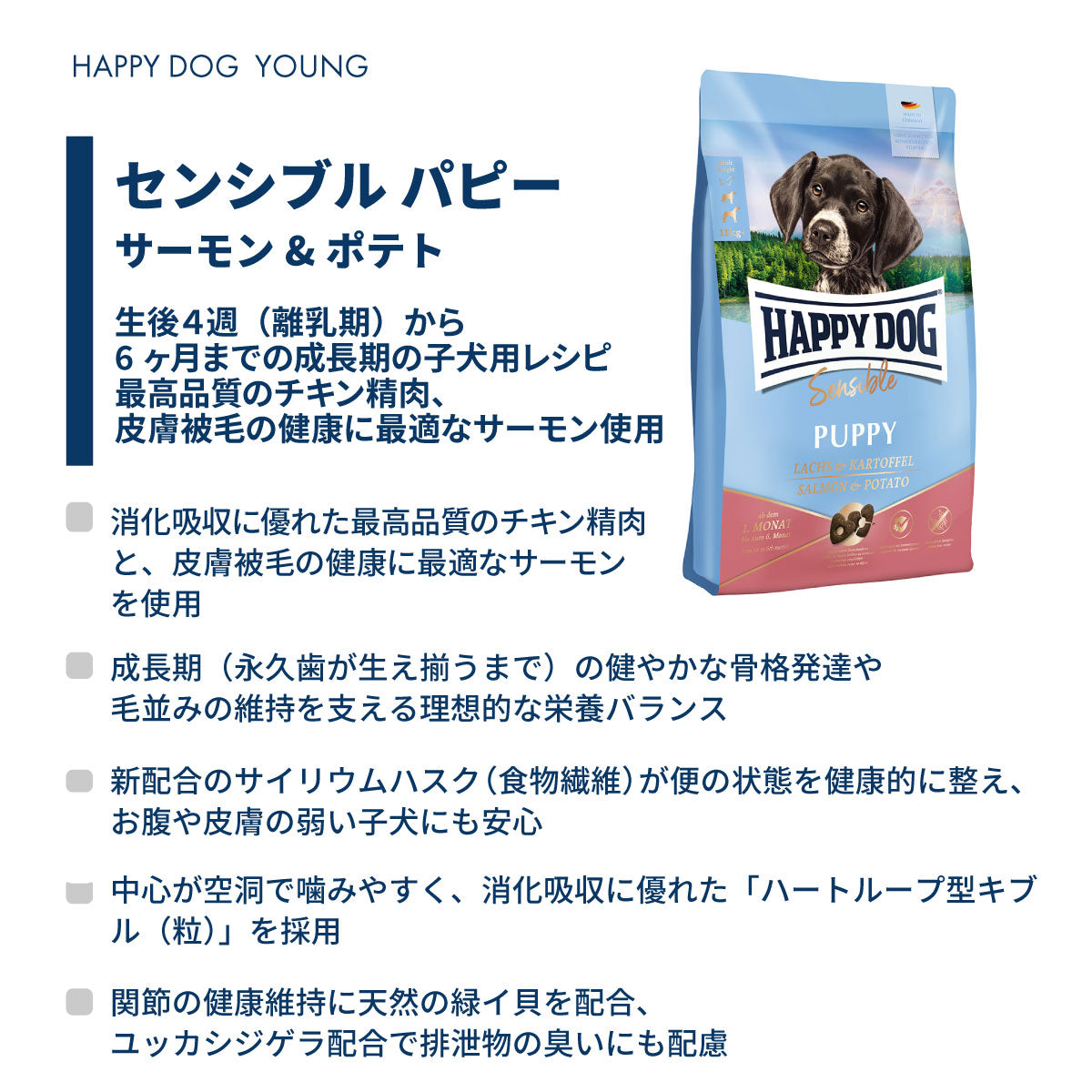 ハッピードッグ HAPPY DOG ドッグフード ヤング センシブル パピー サーモン＆ポテト（中～大型犬） 1kg