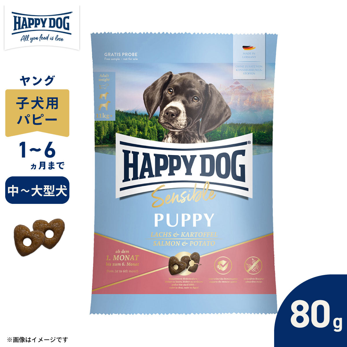 ハッピードッグ HAPPY DOG ドッグフード ヤング センシブル パピー サーモン＆ポテト（中～大型犬） 80g
