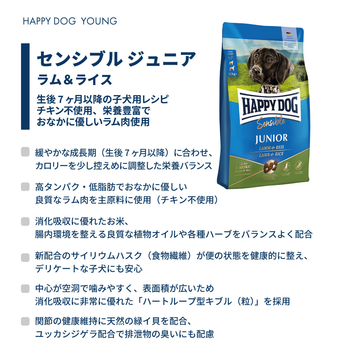 ハッピードッグ HAPPY DOG ドッグフード ヤング センシブル ジュニア ラム＆ライス（中～大型犬） 10kg【送料無料】