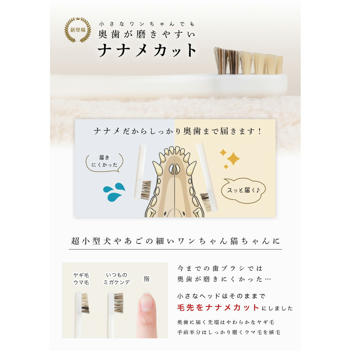 MIGAKENDE 柔らかい天然毛歯ブラシ ミガケンデ 斜めカット植毛（ヤギ＆ウマ） 小型犬用