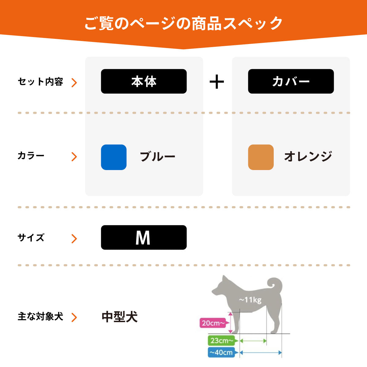 OneAid リラクッション 撥水カバーセット 中型犬用 M 本体：ブルー カバー：オレンジ
