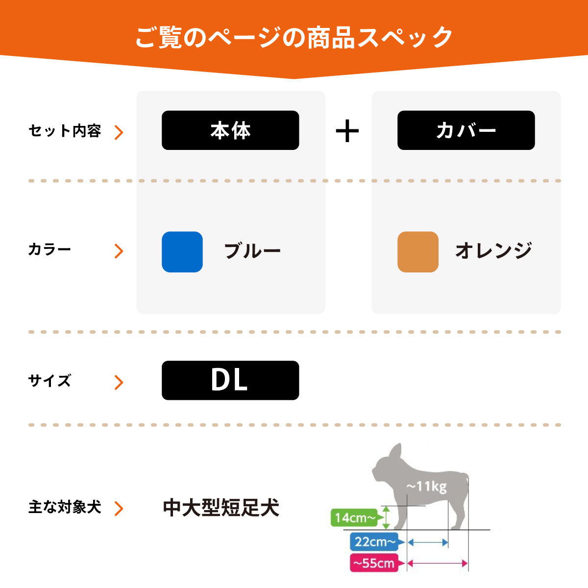OneAid リラクッション 撥水カバーセット 中大型短足犬用 DL 本体：ブルー カバー：オレンジ
