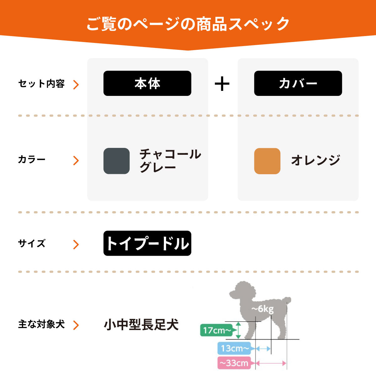 OneAid リラクッション 撥水カバーセット 小型～中型長足犬用 トイプードル 本体：チャコールグレー カバー：オレンジ