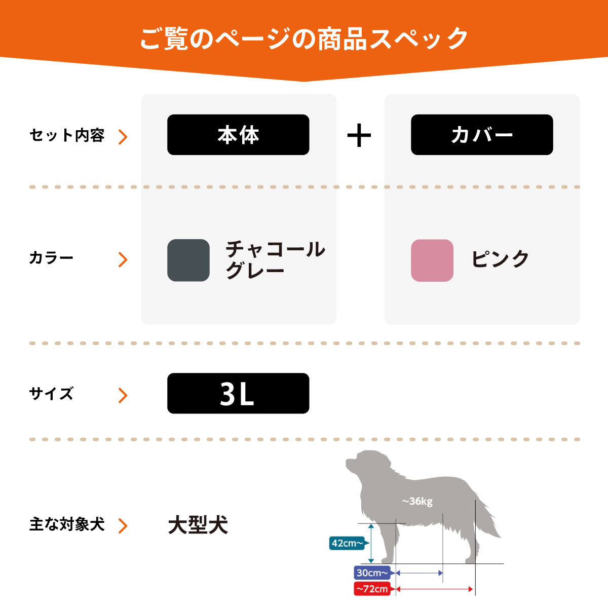 OneAid リラクッション 撥水カバーセット 大型犬用 3L 本体：チャコールグレー カバー：ピンク