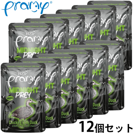 プラミー Pramy キャットフード ウェットフード ミッドナイト チキン ダック ブイヨン仕立て アダルト 80g×12個セット【送料無料】
