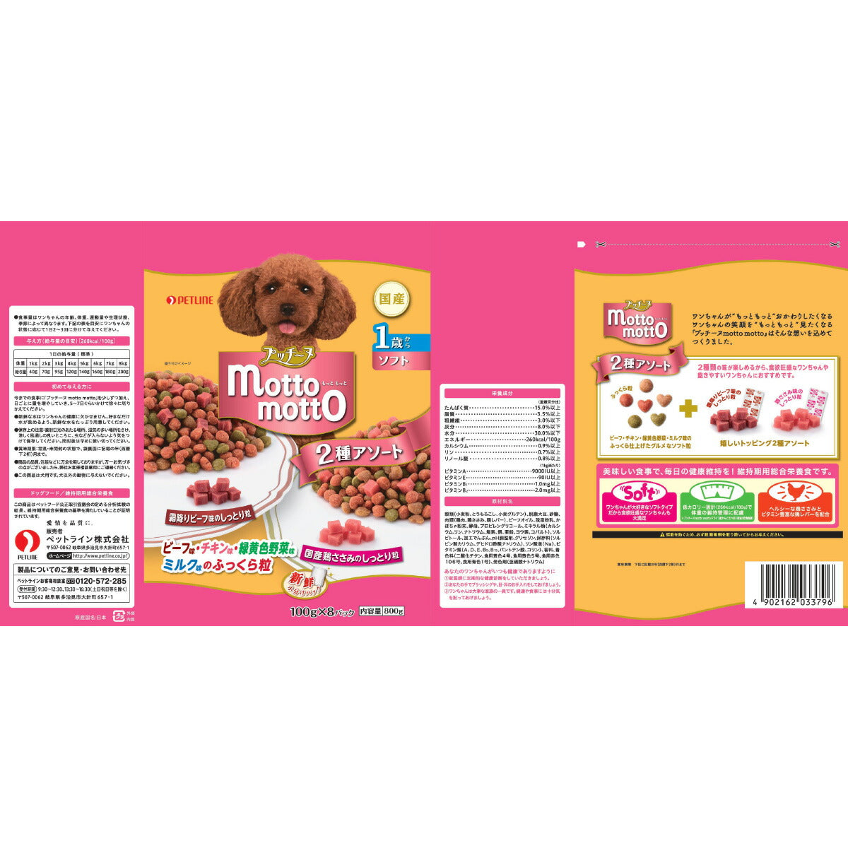ペットライン プッチーヌ ドッグフード motto motto ソフト 1歳から 800g（100g×8パック）