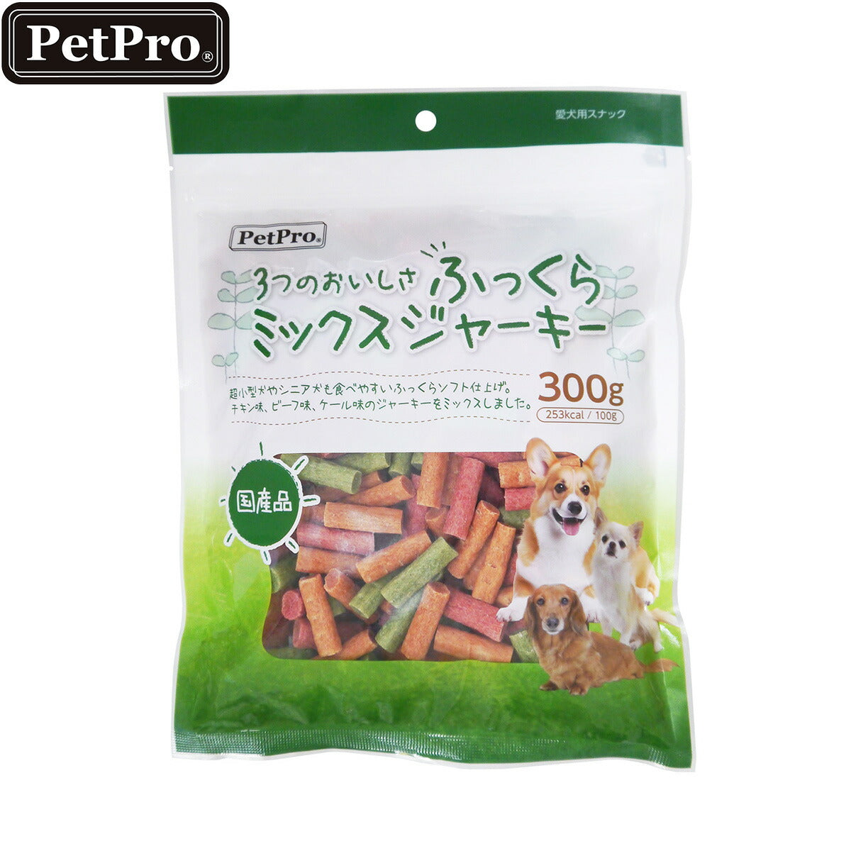 ペットプロ 犬用おやつ 3つのおいしさふっくらミックスジャーキー 300g