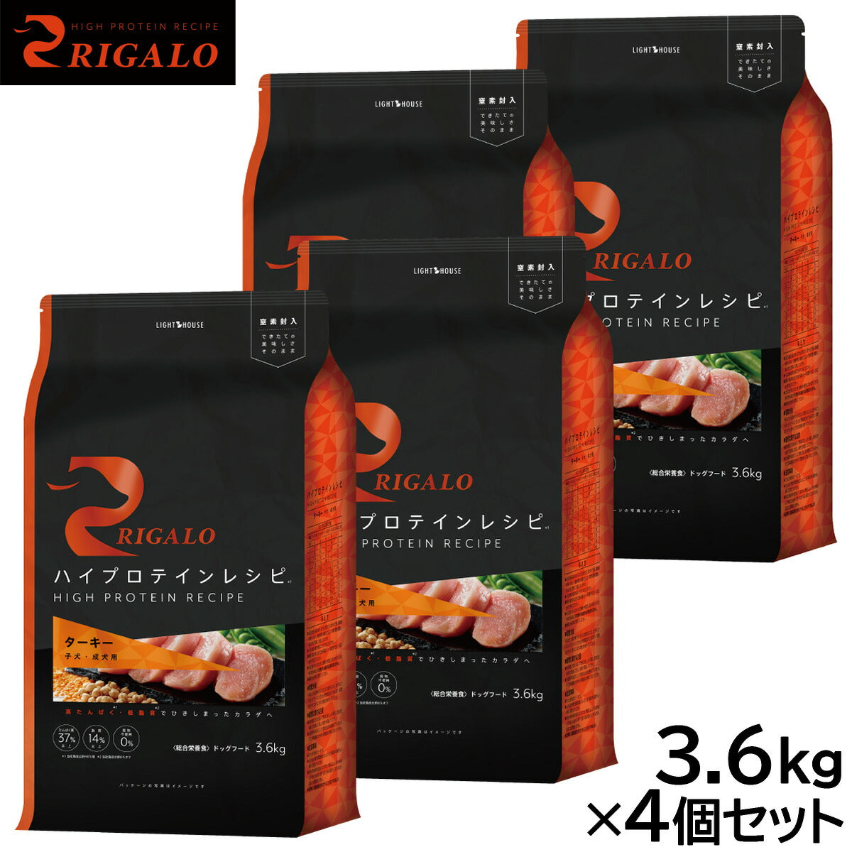 リガロ RIGALO ドッグフード ハイプロテインレシピ 子犬・成犬用 ターキー 3.6kg×4個セット