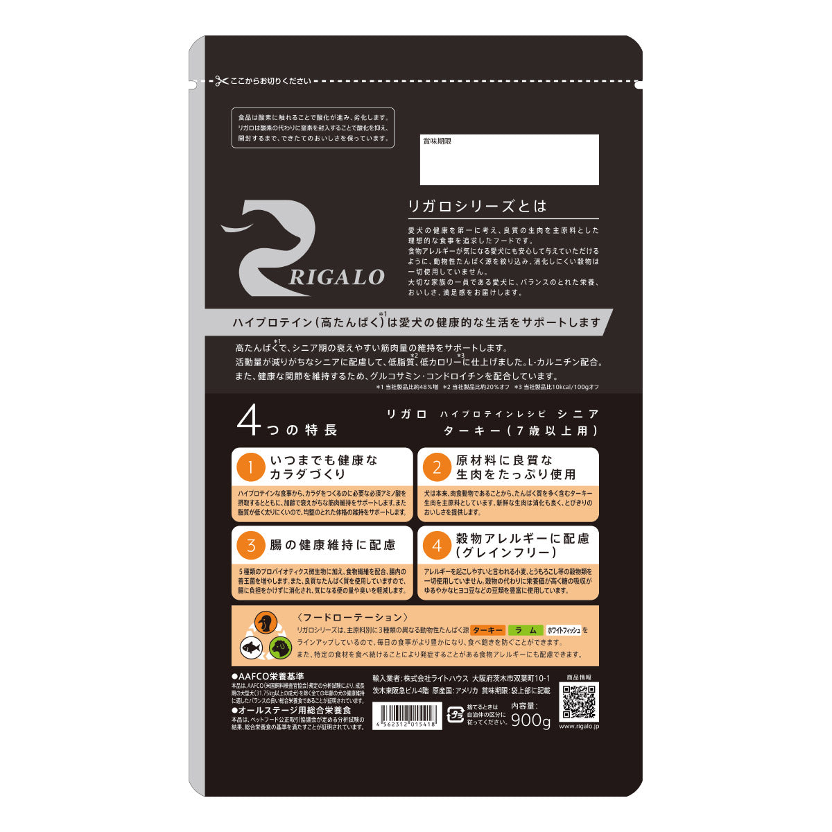 リガロ RIGALO ドッグフード ハイプロテインレシピ 7歳以上用 ターキー 900g×12個セット