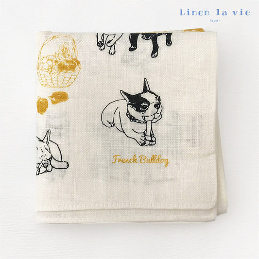 Linen la vie（リネン ラ・ヴィ） フレンチブルドッグ ハンカチ ホワイト