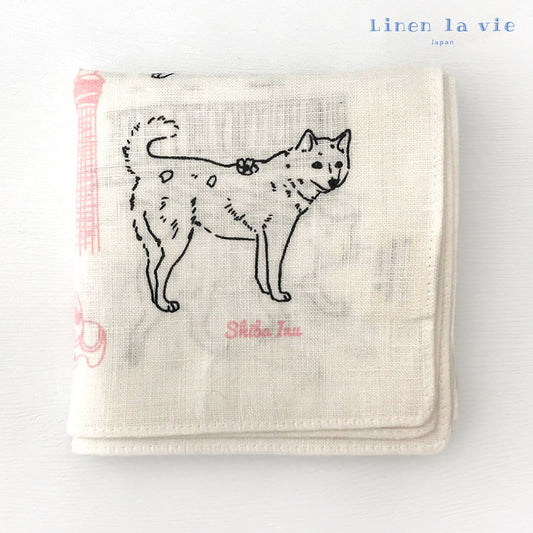 Linen la vie（リネン ラ・ヴィ） シバ犬（柴犬） ハンカチ ホワイト