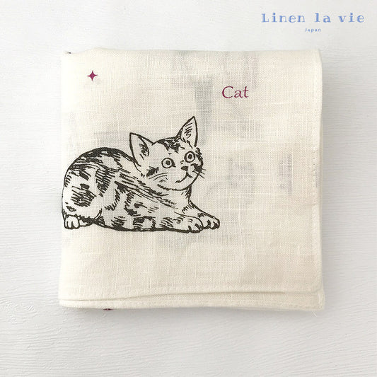 Linen la vie（リネン ラ・ヴィ） キャット ハンカチ ホワイト