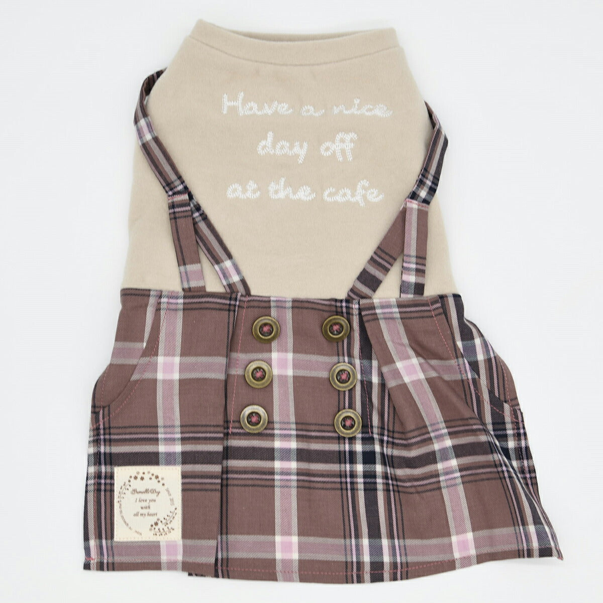 ジェメリ Gemelli Dog チェックワンピース 4号 ベージュ 犬 服 ドッグウェア サスペンダー 伸びる 女の子 かわいい 秋冬