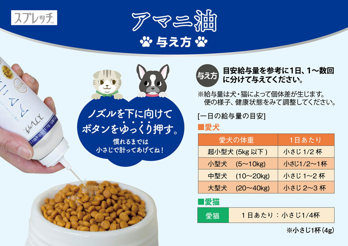 スプレッチ 犬用 アマニ油（りんご風味） 150ml サプリメント 必須脂肪酸 オメガ3 α-リノレン酸 酸化防止ボトル 無添加