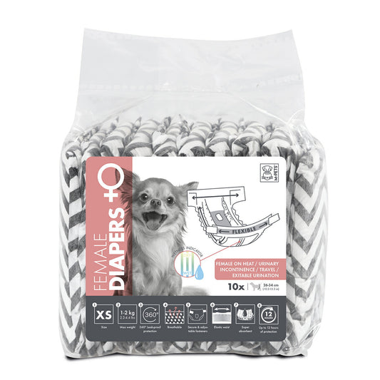 M-PETS エムペッツ 女の子用オムツ XS 10枚入り 犬 マナーパンツ 紙おむつ 超小型犬 12時間超吸収 おしっこお知らせラインシェブロンストライプ 北欧風