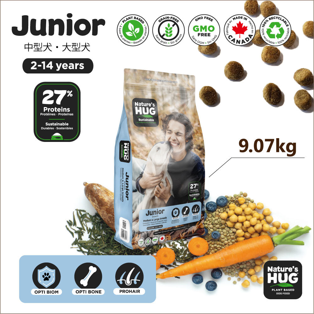 ネイチャーズハグ Nature’s HUG ドッグフード ジュニア ミディアム＆ラージブリード 9.07kg【送料無料】 無添加 サスティナビリティ ビーガン 代替タンパク