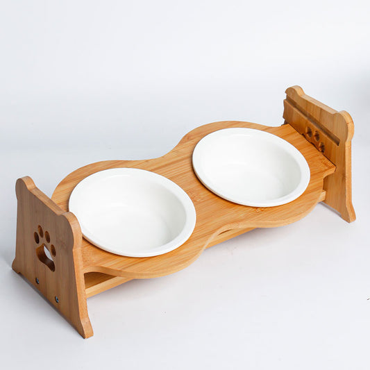Petifam ペティファーム 陶器製バンブースタンド付きダブルボウル ホワイト【送料無料】