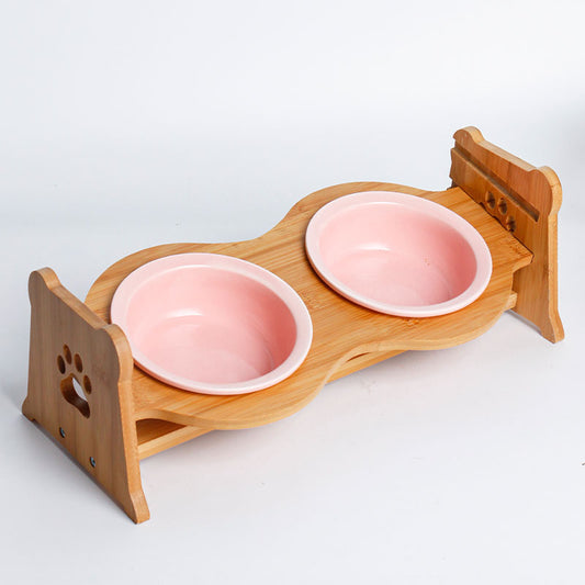 Petifam ペティファーム 陶器製バンブースタンド付きダブルボウル ピンク【送料無料】