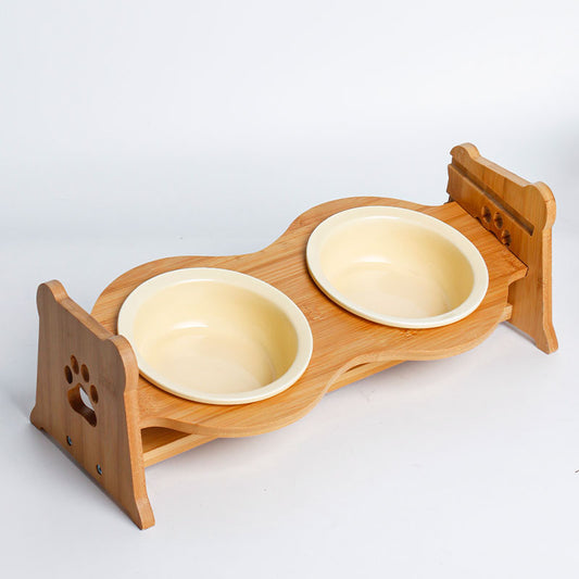 Petifam ペティファーム 陶器製バンブースタンド付きダブルボウル イエロー【送料無料】