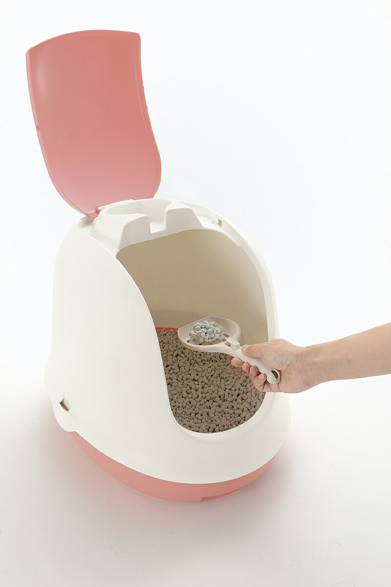リッチェル Richell ラプレ ネコトイレ フード付 コーラルピンク 猫 トイレ本体 カバー ドーム 固まる猫砂用 水洗い可 飛び散らない スコップ付き
