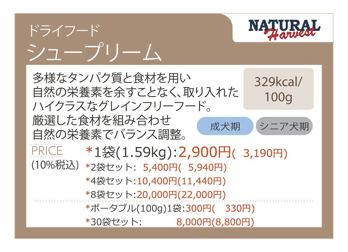 ナチュラルハーベスト シュープリーム 1袋 3.5ポンド（1.59kg）ナチュラルハーベスト プライムフォーミュラ 穀物不使用 グレインフリー 無添加 犬用品/ペット用品 [NH-SE]※クーポン対象外